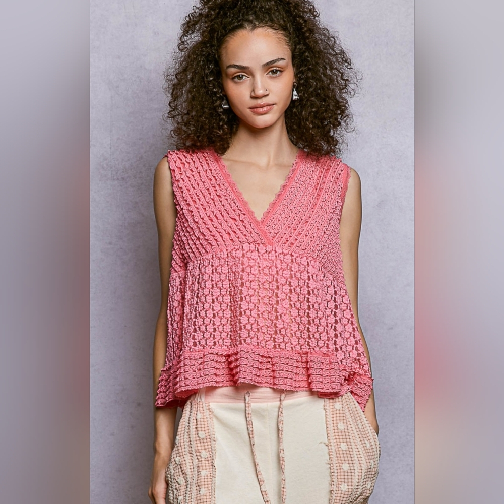 POL Pink Crochet V-Neck Sleeveless Top